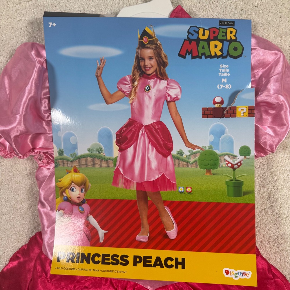 Disguise Super Mario Princess Peach Costume Size M 7-8 Girls Pink Dress Crown